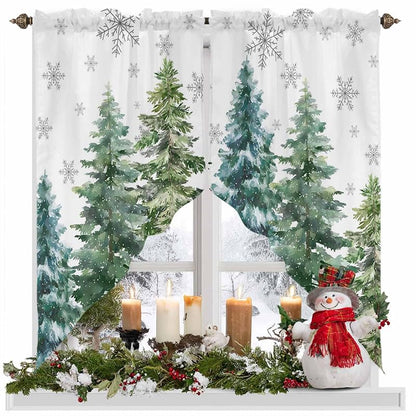 Christmas Swag Valance with Green Pine Tree Pattern, 36W x 45L, 2 Panels, Rod Pocket - Xmas Tree + 36W x 45L