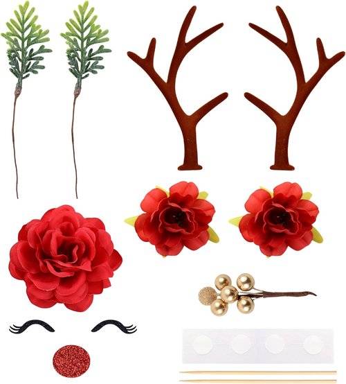 Ercadio Christmas Cupcake Toppers - 10 PCS Deer Antlers & Green Leaves for Holiday Parties