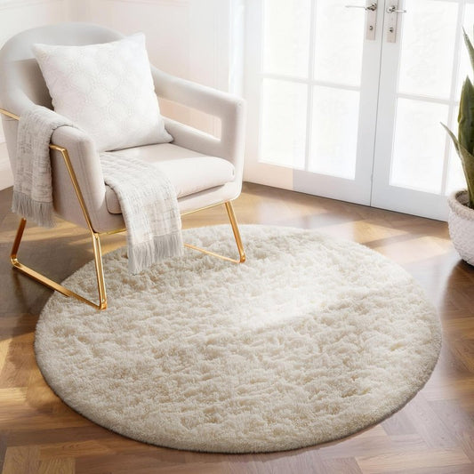 Ophanie Round Rug 2Ft Ivory Circle Area Rug, Fluffy Fuzzy Bedroom Carpet, Plush Soft Shaggy Indoor Floor Cream Living Room Rugs for Kids Home Decor Aesthetic, Nursery