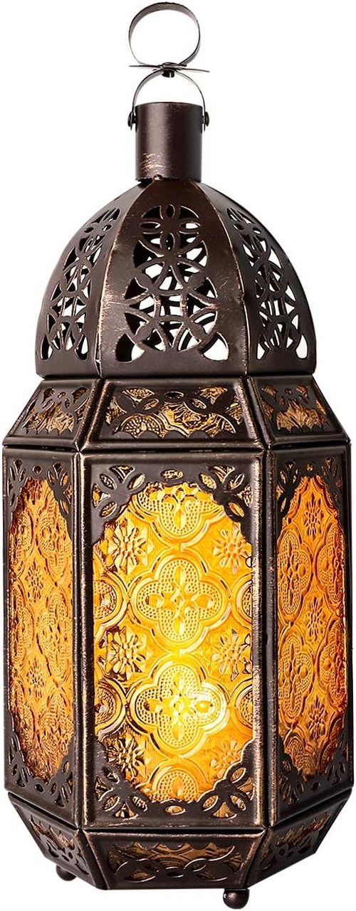 Lewondr Moroccan Style Metal Glass Candle Lantern - Portable Hanging Wind Lantern for Home & Garden - Copper & Yellow