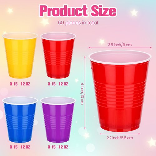 Kochorie 60 Pcs 12 Oz Colorful Plastic Cups - Heavy Duty Disposable Party Drinking Cups for Celebrations