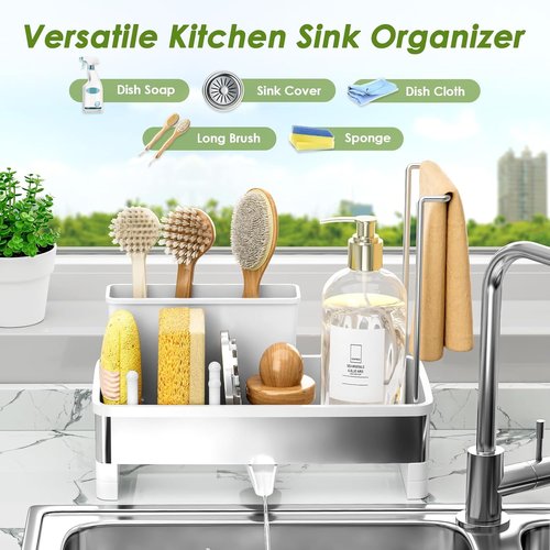 Ewaiira Stainless Steel Sink Caddy, Sponge Holder for Kitchen Sink with Brush Holder & Dishcloth Rack, Rustproof Organizer Countertop, Soap Dispenser Kitchen Organizers Storage Essentials, White 9.8″