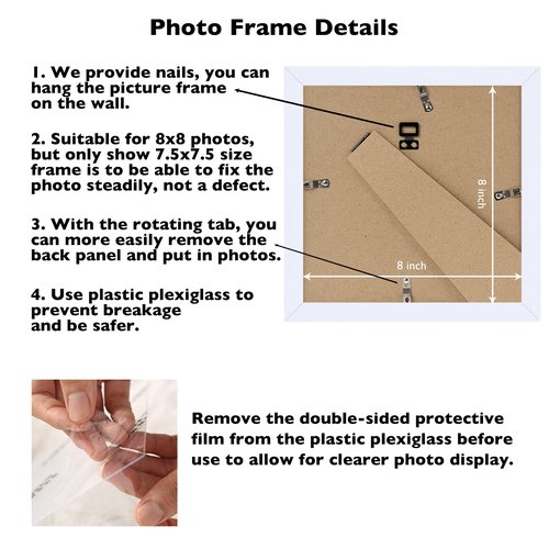 JCJMY 8x8 Picture Frame White for Wall Hanging or Tabletop, Wall Mounting Horizontally or Vertically, 8 x 8 Square Wall Gallery Poster Photo Frame with Durable Shatter Resistant Plexiglass,White