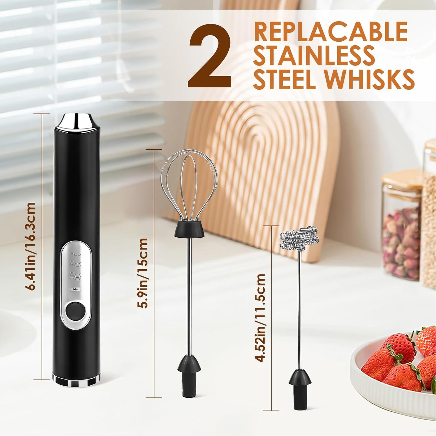 Skiennix Handheld Milk Frother - Rechargeable Electric Drink Mixer with 2 Whisks & 3 Speeds | Black