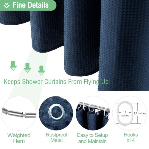 Dynamene Extra Wide Shower Curtain - 84 Inch Wide Waffle Weave Weighted Thick Cloth Bathroom Shower Curtain, Neutral Heavy Duty Hotel Bath Curtain Set with 14 Plastic Hooks, 84x72, Navy Blue