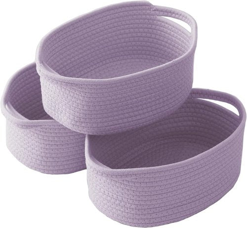 JMvicyroam Woven Storage Baskets - Small Rope Bins with Handles for Organizing Shelves | Purple, 3-Pack