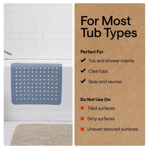 GORILLA GRIP Patented Bath Tub Shower Mat, Machine Washable Bathtub Floor Liner Mats, Suction Cups and Drain Holes to Keep Tubs Clean, Soft on Feet, Bathroom Essentials, 35x16 Inch, Sky Blue Opaque