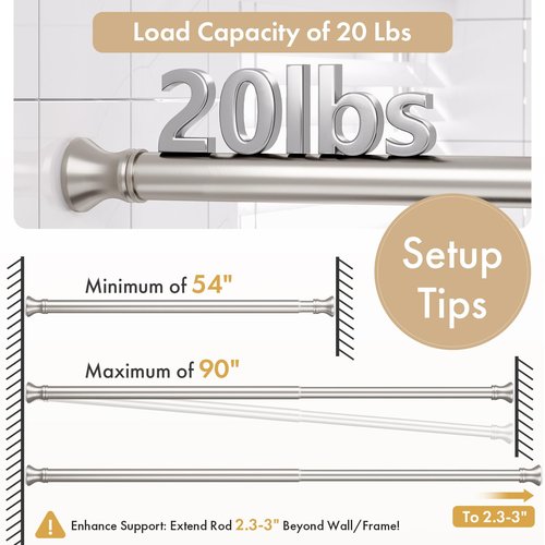 Amazer Spring Tension Shower Curtain Rod, 54-90 Inches Rust-Resistance Tension Curtain Rod Bathroom Rod, Adjustable Shower Curtain Rod No Drill, Nickel