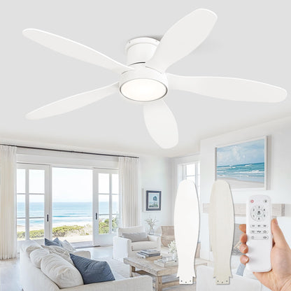 ZMISHIBO 52 Inch Flush Mount Ceiling Fans, Low Profile Ceiling Fan with Light and Remote, Modern LED Ceiling Fan Lighting Fixture for Bedroom, Kitchen, Indoor-White