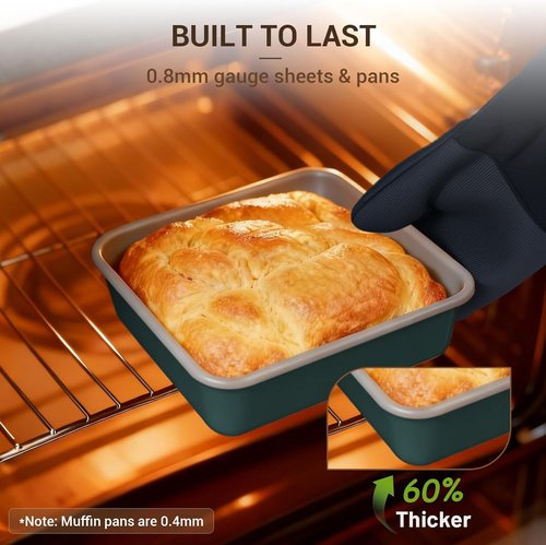 Ammeloo 22-Piece Non-Stick Baking Pans Set - Stackable Bakeware with Oven Mitt & Utensils | Gray & Hunter Green