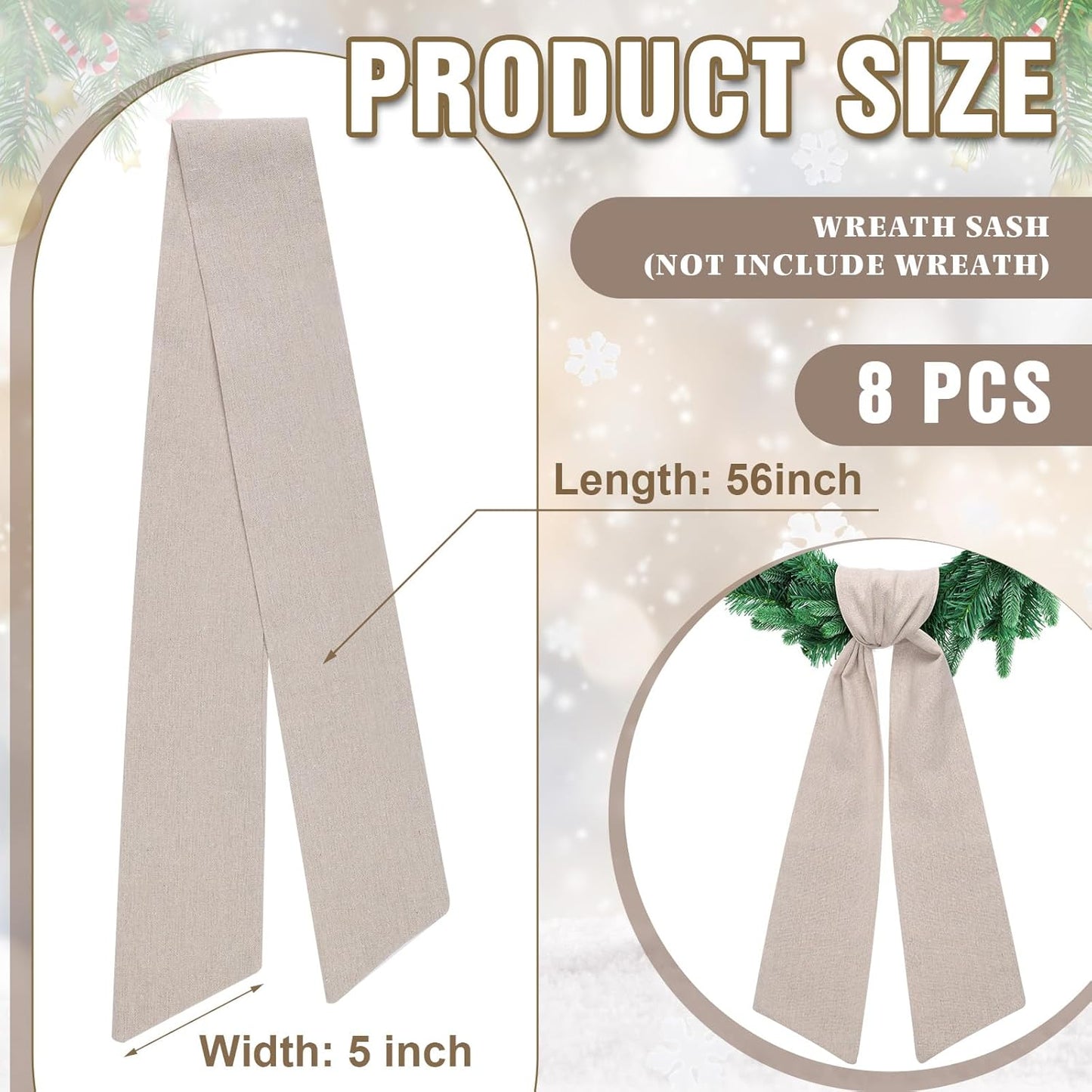 Skiennix 8 PCS Beige Linen Wreath Sashes - Embroidered Plain Design for Indoor/Outdoor Decor