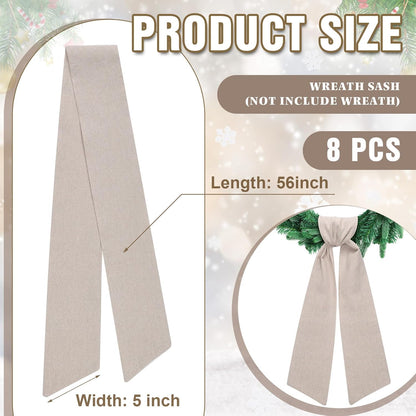 Skiennix 8 PCS Beige Linen Wreath Sashes - Embroidered Plain Design for Indoor/Outdoor Decor