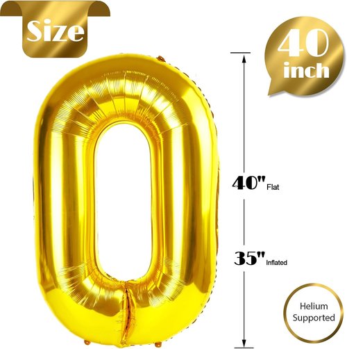 Gold Number 0 Balloon - 40 Inch Birthday Decoration for Milestone Celebrations