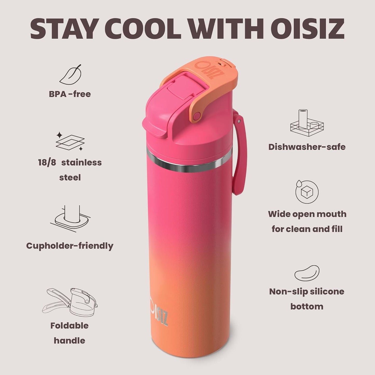 OISIZ Insulated Water Bottle - 24 oz Vacuum Stainless Steel with 2-in-1 Spout & Straw Lid | 100% Leakproof, Keeps Drinks Cold for 24 Hours