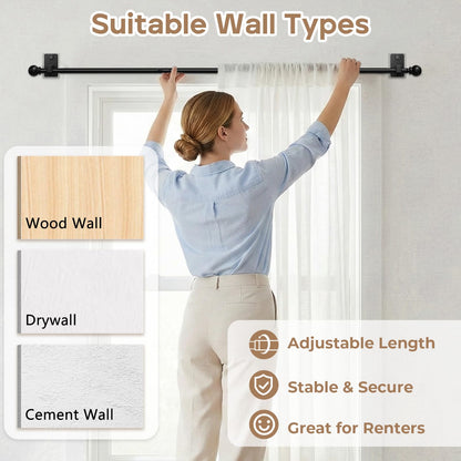 PeSenp No-Drill Curtain Rod with Adhesive & Pin-Nail Mount System - Renter Friendly & Minimal Wall Damage, 5/8" Diameter Black Adjustable Rod for Windows 28 to 48 Inch
