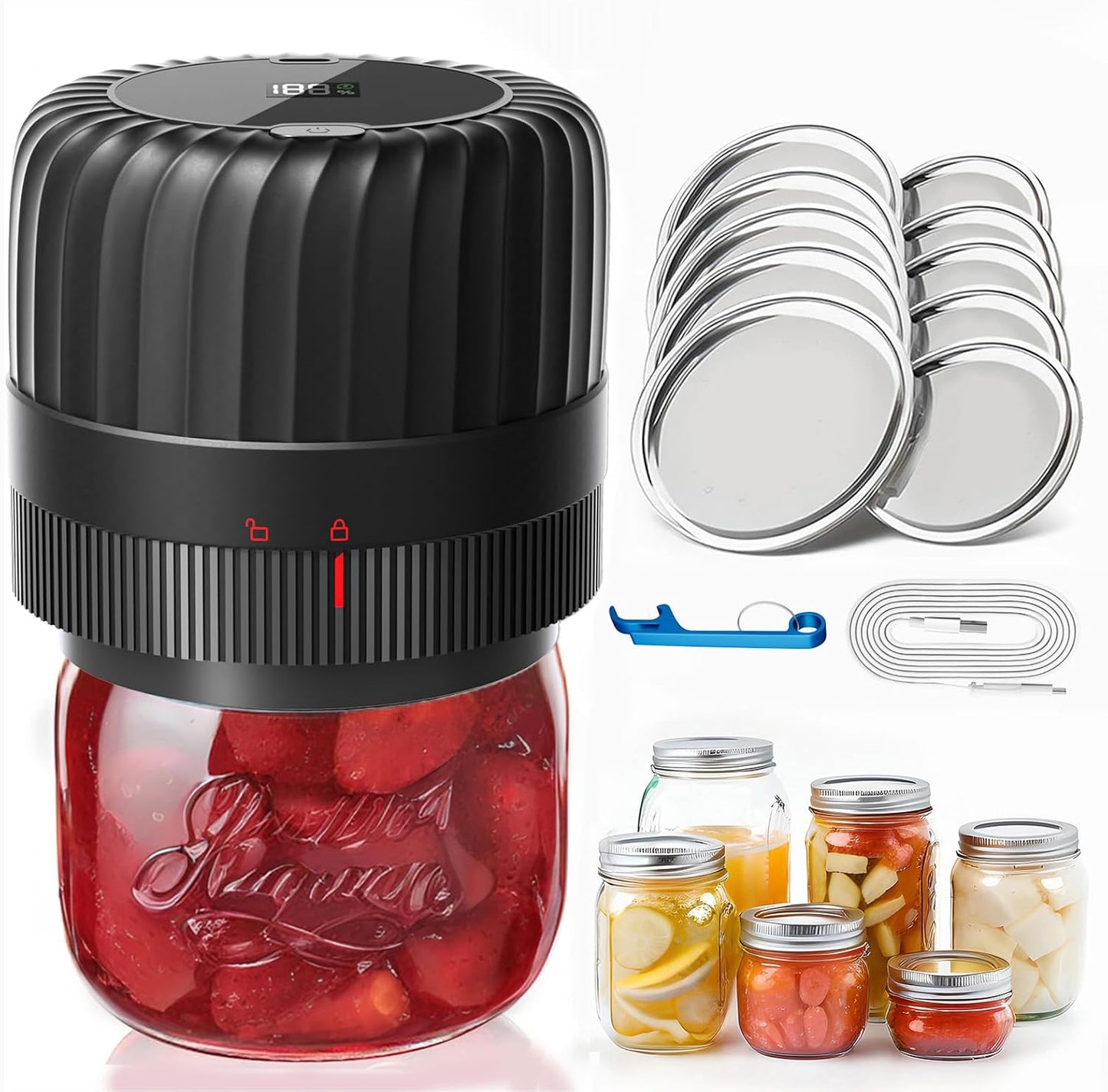 Skiennix Electric Mason Jar Vacuum Sealer Kit - Food Saver for Wide & Regular Mouth Jars | Includes 10 Lids