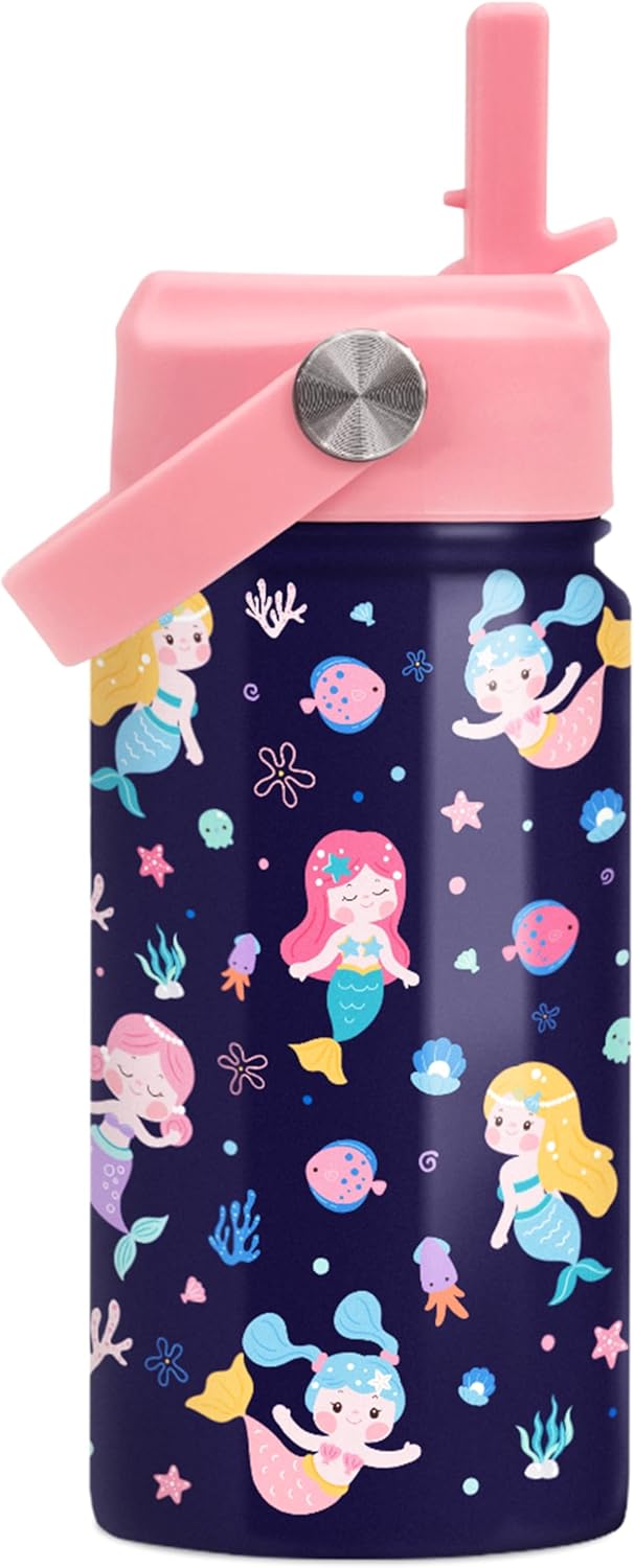 Skiennix Mermaid Water Bottle - Insulated 12 Oz Stainless Steel Cup with Straw Lid for Girls | Perfect for School & Sports