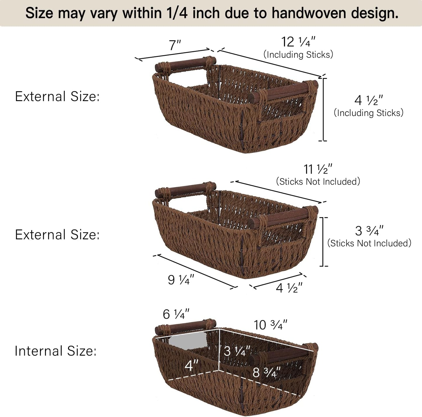 StorageWorks Round Wicker Baskets - Handwoven Paper Rope Storage with Wooden Handles, Dark Brown, 2-Pack