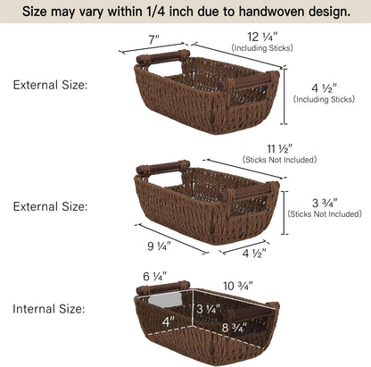 StorageWorks Round Wicker Baskets - Handwoven Paper Rope Storage with Wooden Handles, Dark Brown, 2-Pack