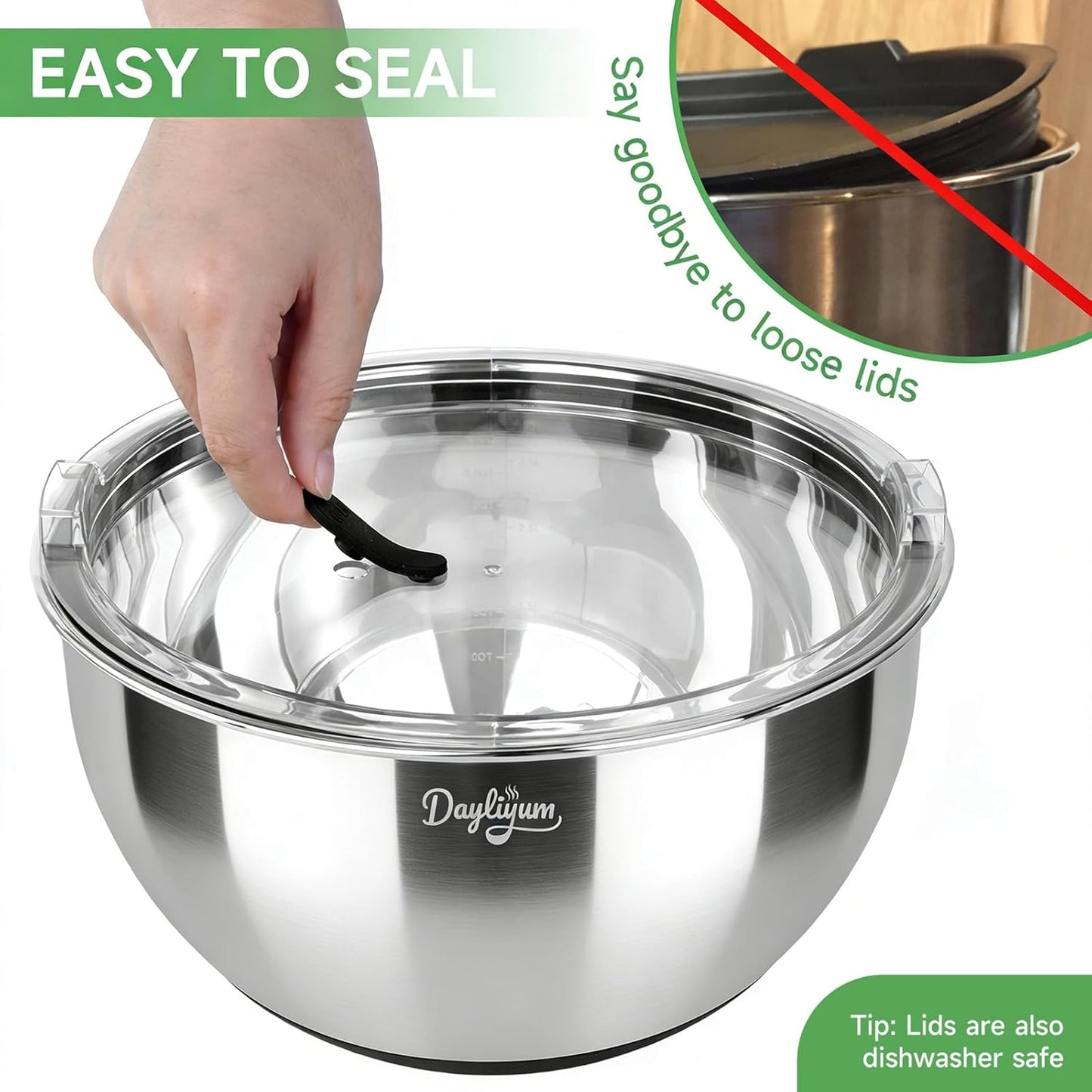 Stainless Steel Mixing Bowls Set by [Brand Name] - Airtight Lids, Non-Slip Base, 3 Sizes (1.5/3/5 QT) | Ideal for Food Prep & Storage