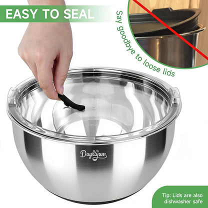 Stainless Steel Mixing Bowls Set by [Brand Name] - Airtight Lids, Non-Slip Base, 3 Sizes (1.5/3/5 QT) | Ideal for Food Prep & Storage