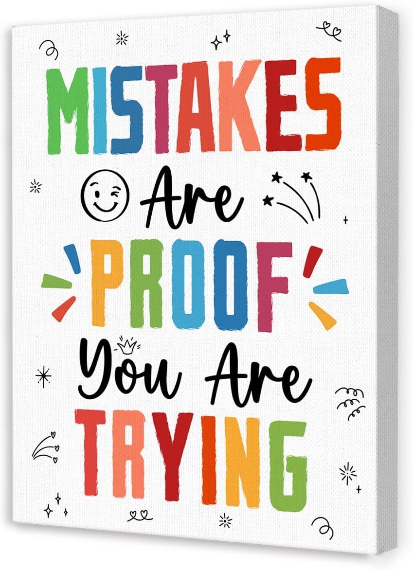 Skiennix Inspirational Wall Art - "Mistakes Are Proof You Are Trying" Canvas Decor for Therapy & Classroom | Motivational Design