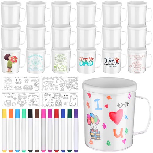 30 Pcs Painted Mug Kit for Kids Bulk 8 oz Plastic Mugs with Handle Color Your Own Cups Reusable Water Milk Tea Mugs DIY Coffee Mug for Birthday Mothers Fathers Day Graduation Easter Christmas Gift