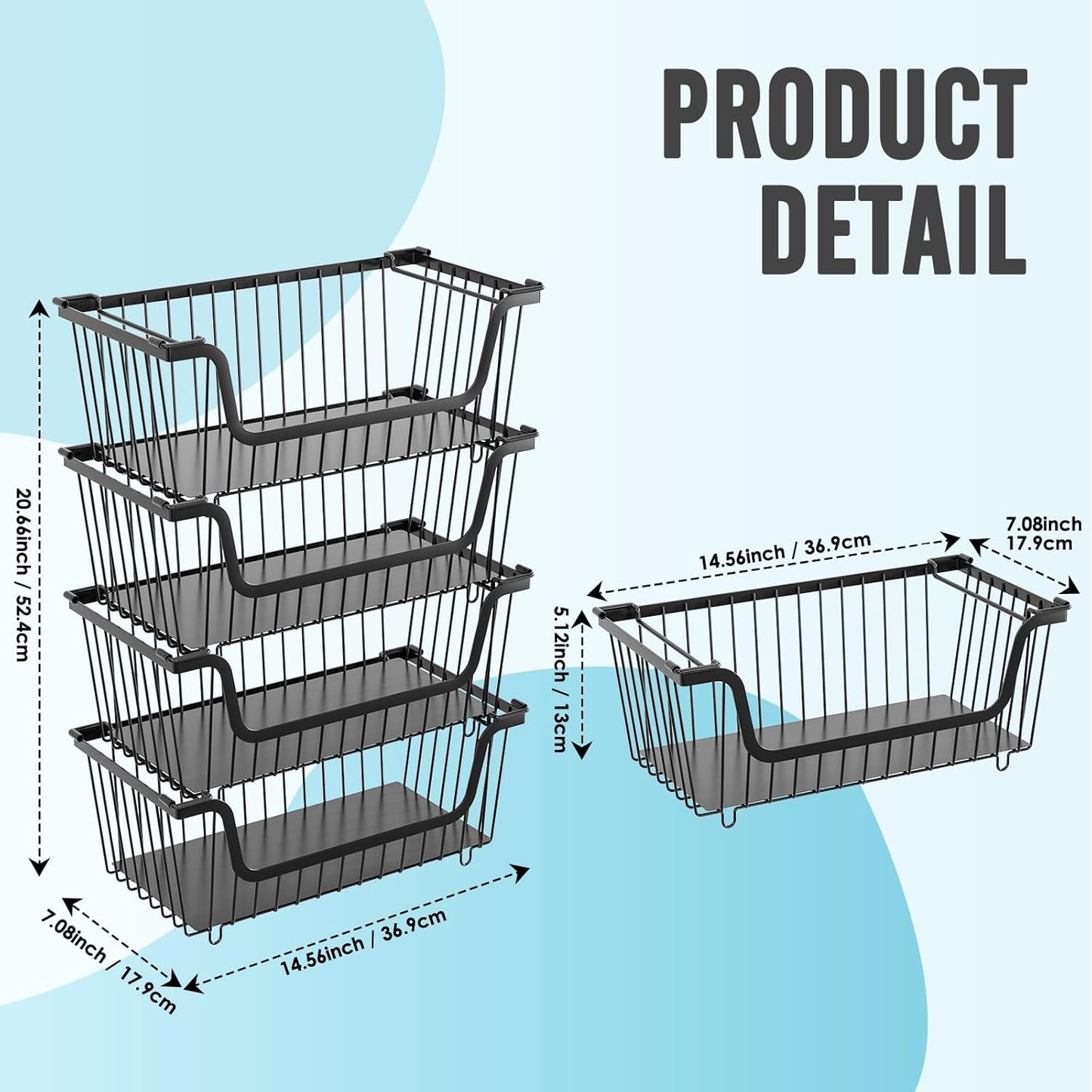 Skiennix Stackable Wire Baskets - Versatile Kitchen Storage for Fruits & Vegetables | Black, Set of 4
