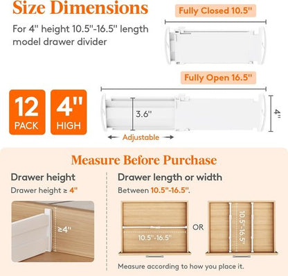 Lifewit Drawer Dividers - Expandable 12-Pack Adjustable Organizers for Clothes | 27-42cm/10.5-16.5" - White
