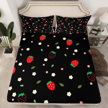 Strawberry Fitted Sheet, Kawaii Room Decor Bed Sheets for Kids Girls Women, Cute Flower Bedding Set Cartoon Floral Fitted Bed Sheets Soft Microfiber Bedroom Decor, Red Black(Twin Size)(No Top Sheet)