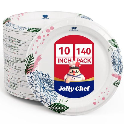 JOLLY CHEF 𝟭𝟰𝟬 𝗖𝗼𝘂𝗻𝘁 𝗣𝗮𝗽𝗲𝗿 𝗣𝗹𝗮𝘁𝗲𝘀 𝟭𝟬 𝗶𝗻𝗰𝗵 Soak Proof, Cut Proof, Heavy Duty Flower Printed Disposable Paper Plates for Everyday Use