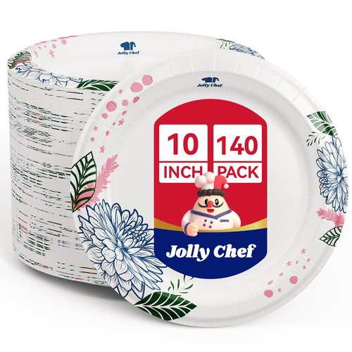 JOLLY CHEF 𝟭𝟰𝟬 𝗖𝗼𝘂𝗻𝘁 𝗣𝗮𝗽𝗲𝗿 𝗣𝗹𝗮𝘁𝗲𝘀 𝟭𝟬 𝗶𝗻𝗰𝗵 Soak Proof, Cut Proof, Heavy Duty Flower Printed Disposable Paper Plates for Everyday Use