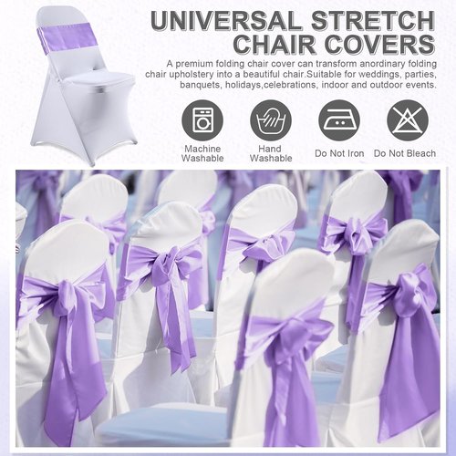 Lounsweer Folding Chair Cover Set - 50 Pcs with Stretch Spandex Slipcovers & Satin Sashes | White & Lavender