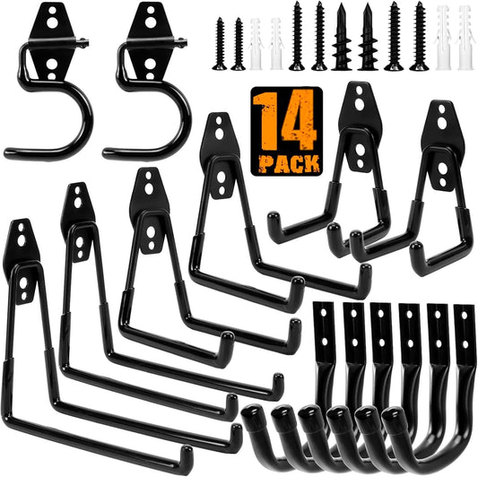 TocTen Heavy-Duty Garage Hooks - 14 Pack Solid Steel Wall Mount Storage Kit | Anti-Slip Coating, Black