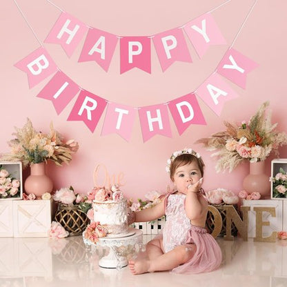 Happy Birthday Banner - Pre-Strung Party Decoration for Men, Women & Kids | Pink Design