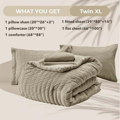 HYMOKEGE Linen Twin XL Comforter Set Seersucker 5 Pieces, All Season Luxury Bed in a Bag for Bedroom, Bedding Set with Comforter, Sheets, Pillowcase & Sham