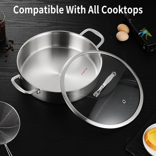DELARLO 5.5QT Tri-Ply Stainless Steel Saute Pan With Lid, 12.3inch Braiser Pans, Large Frying pan,18/10 Induction Skillet with Glass Lids, Efficent Fast pan for Boiling, Braising, Stewing, Sautéing