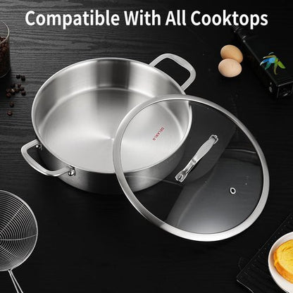 DELARLO 5.5QT Tri-Ply Stainless Steel Saute Pan With Lid, 12.3inch Braiser Pans, Large Frying pan,18/10 Induction Skillet with Glass Lids, Efficent Fast pan for Boiling, Braising, Stewing, Sautéing