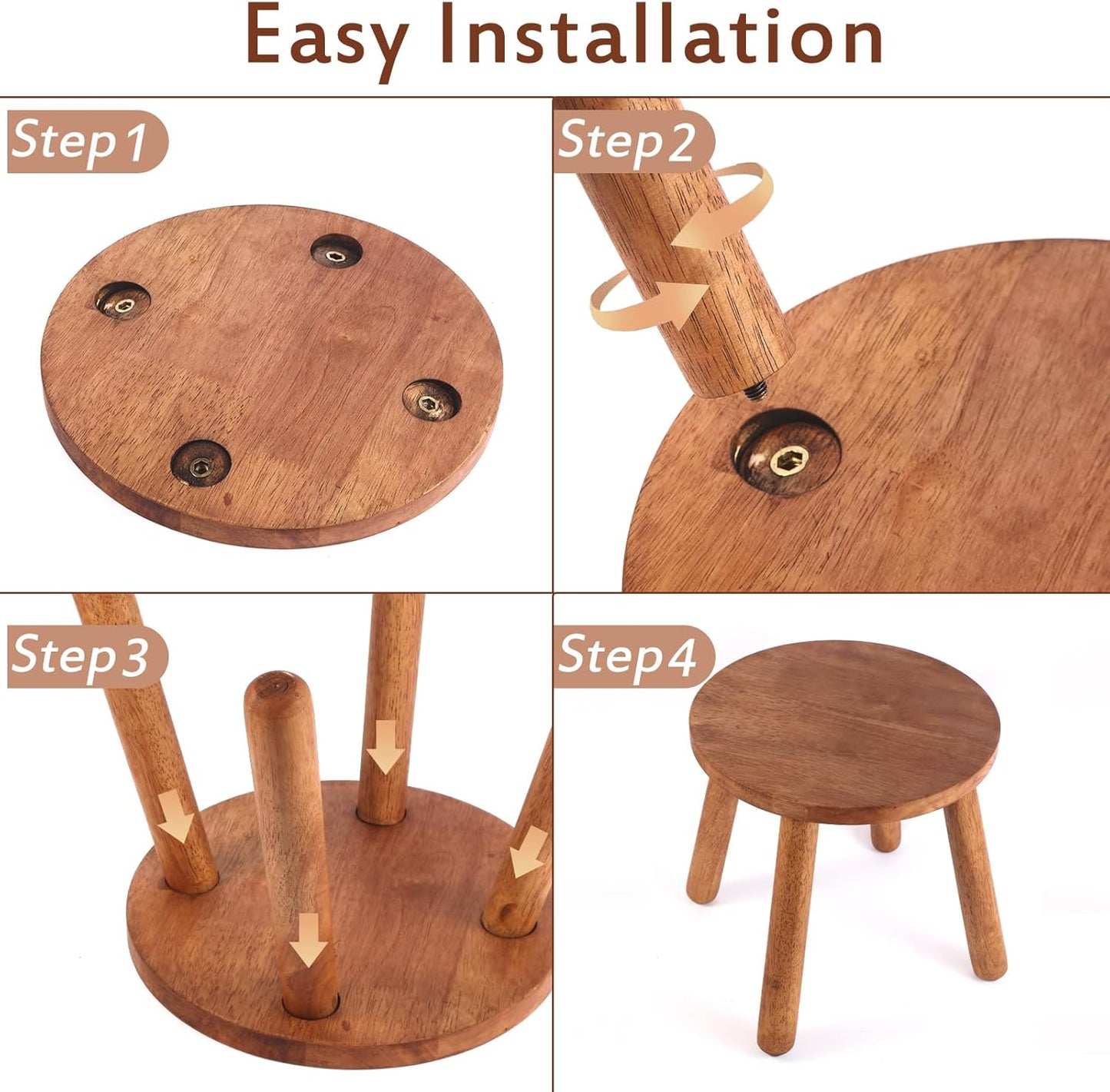 Skiennix Round Solid Wooden Step Stool - Detachable Wood Legs for Versatile Use | 11.8" Walnut Finish