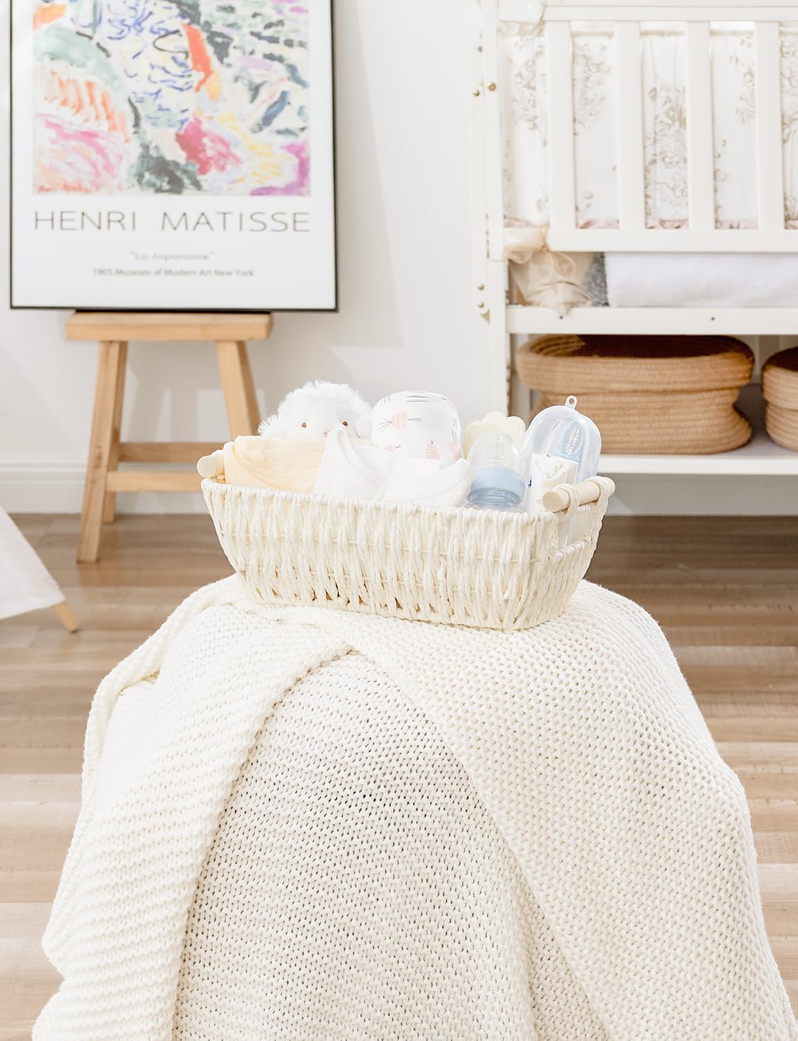 StorageWorks Round Woven Paper Rope Basket - Stylish Beige Baskets with Wooden Handles | 2-Pack