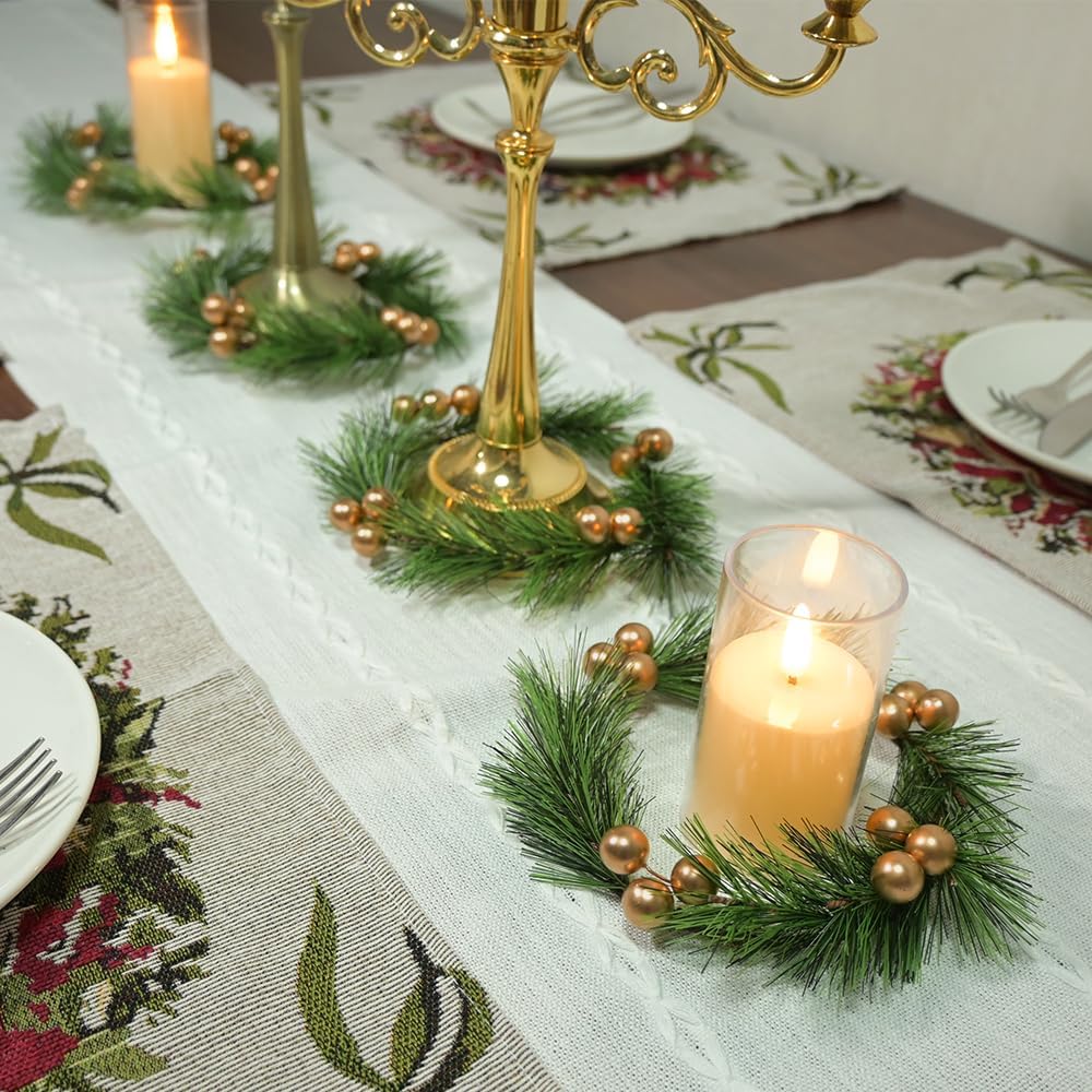 Skiennix Christmas Candle Rings - Artificial Golden Berries & Pine Needles | 4-Piece Wreath Set for Festive Table Decor