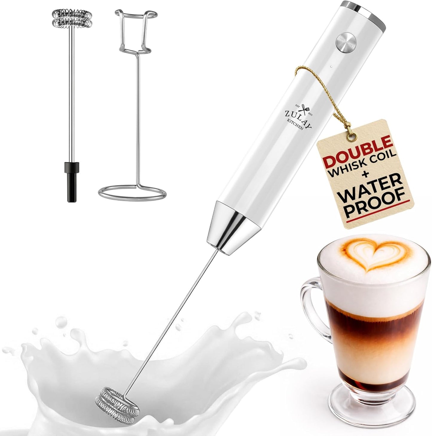 Zulay Kitchen Rechargeable Milk Frother - Powerful 2-Speed Motor, Waterproof, 2000mAh Battery | Perfect for Lattes, Cappuccinos & Matcha - Snow White