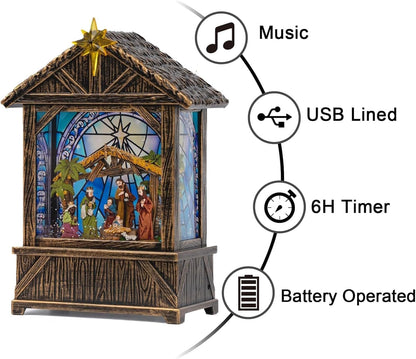 Regine Switzerland Christmas Snow Globe Lantern - Musical Nativity Scene Decor | 6-Hour Timer, USB/Battery Operated