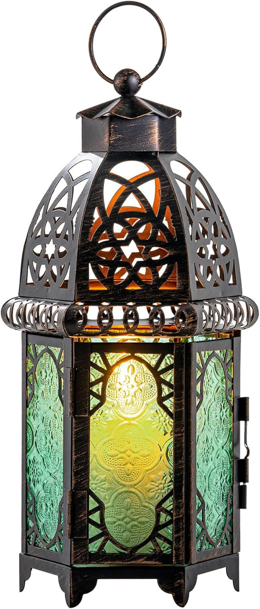 **DECORKEY Vintage Metal Candle Lantern - 12.8’’ Moroccan Decorative Hanging Lantern for Indoor/Outdoor Use (Green)**