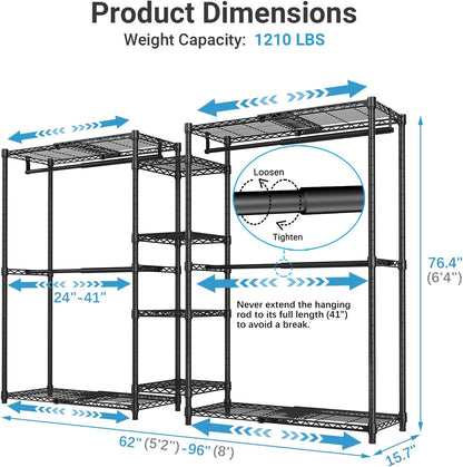 VIPEK X3 Heavy-Duty Expandable Clothes Rack - Adjustable 5'2" to 8' with Shelves & Hanger Rods, Black