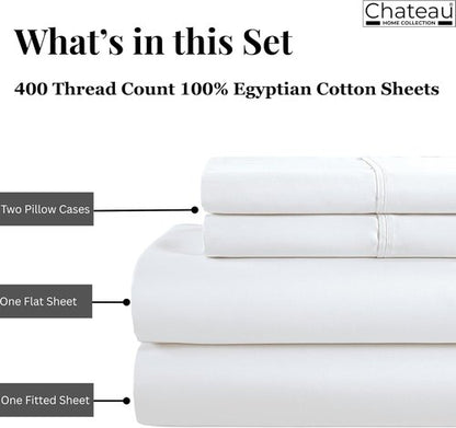 Chateau Home Collection King Size Sheets Set - 100% Egyptian Cotton, 400 Thread Count, Soft & Breathable, White