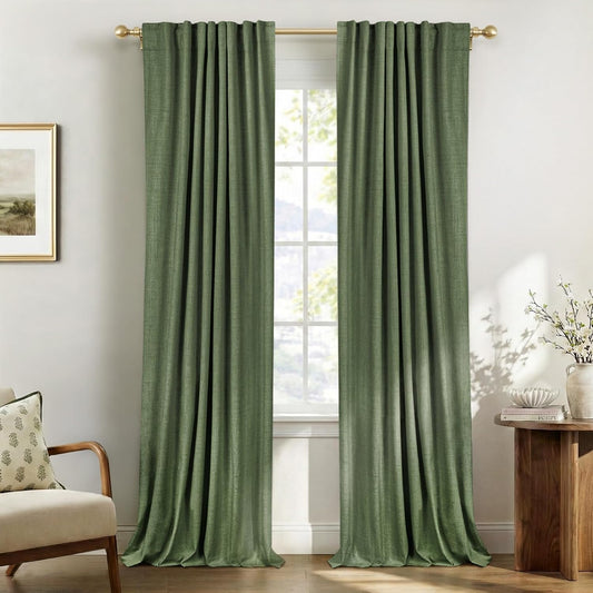 Skiennix 100% Blackout Olive Green Linen Curtains - Thermal Insulated Drapes, 84" Long, 2 Panels Set