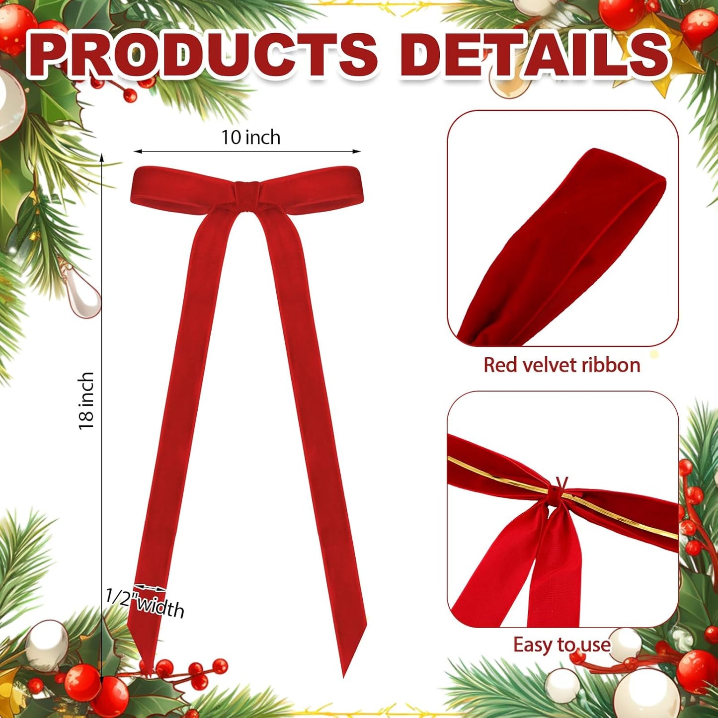 Velvet Bows - 24 Pcs Vintage Ribbon Bows for Christmas Tree & Crafts | 9 x 13 Inch, Red