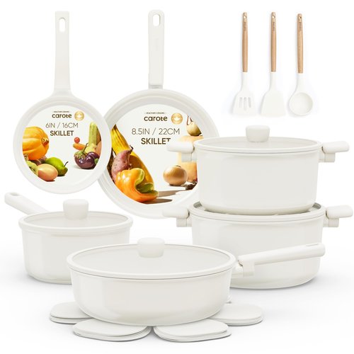 CAROTE 18Pcs Nonstick Ceramic Cookware Set, PFAS/PFOA Free, Cream White Pots and Pans Set Non Stick, Non-toxic Cookware,Kitchen Cooking Pan Set, Large Capacity
