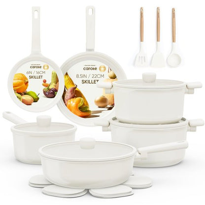 CAROTE 18Pcs Nonstick Ceramic Cookware Set, PFAS/PFOA Free, Cream White Pots and Pans Set Non Stick, Non-toxic Cookware,Kitchen Cooking Pan Set, Large Capacity